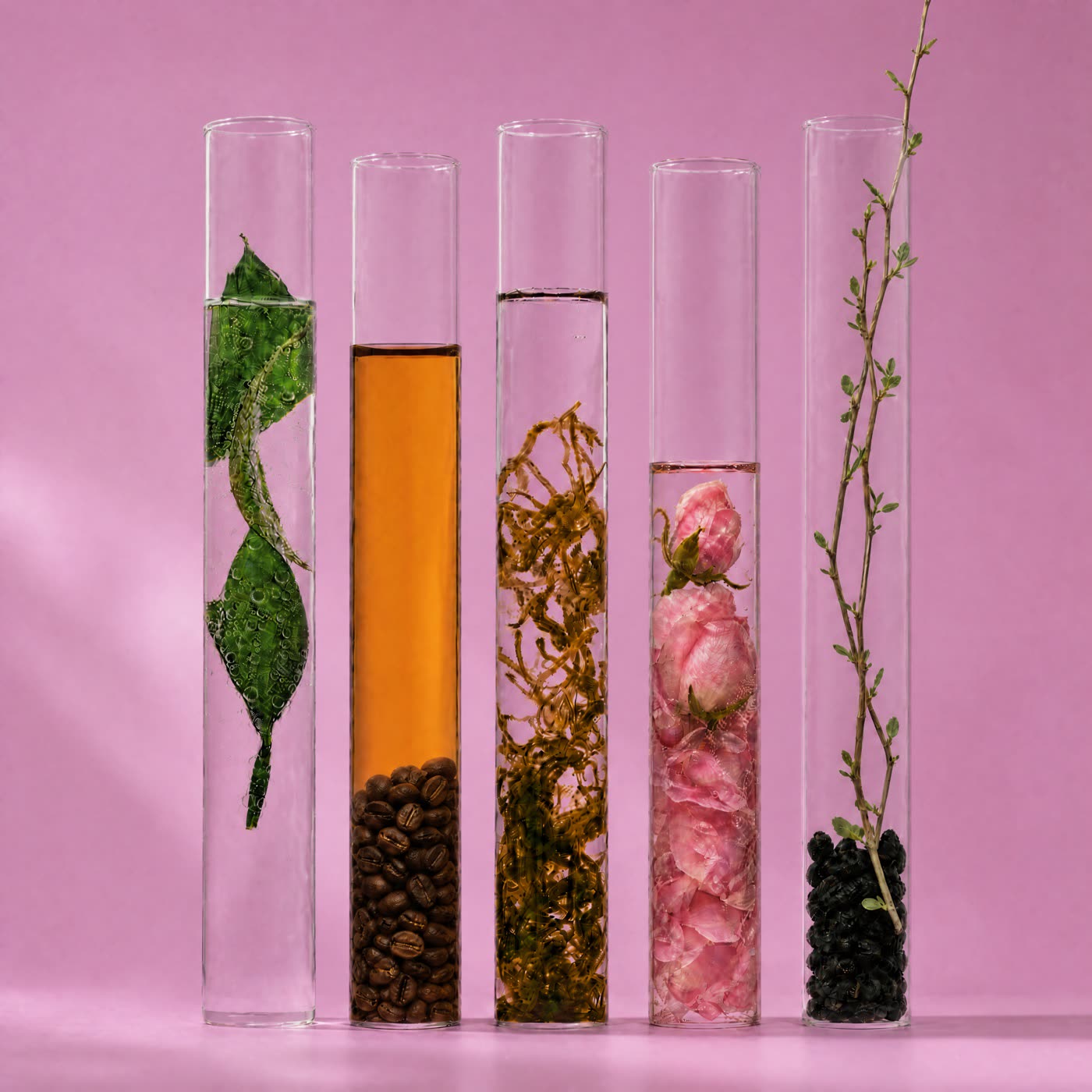 Botanical ingredients in glass tubes on a pink background — concept artwork