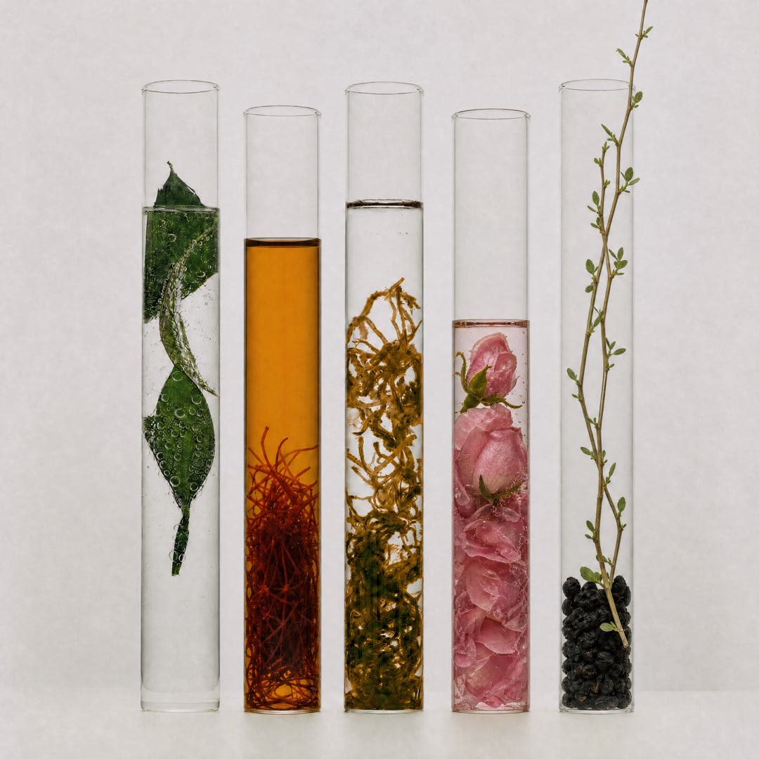 Botanical concept study with plants and petals arranged in glass tubes