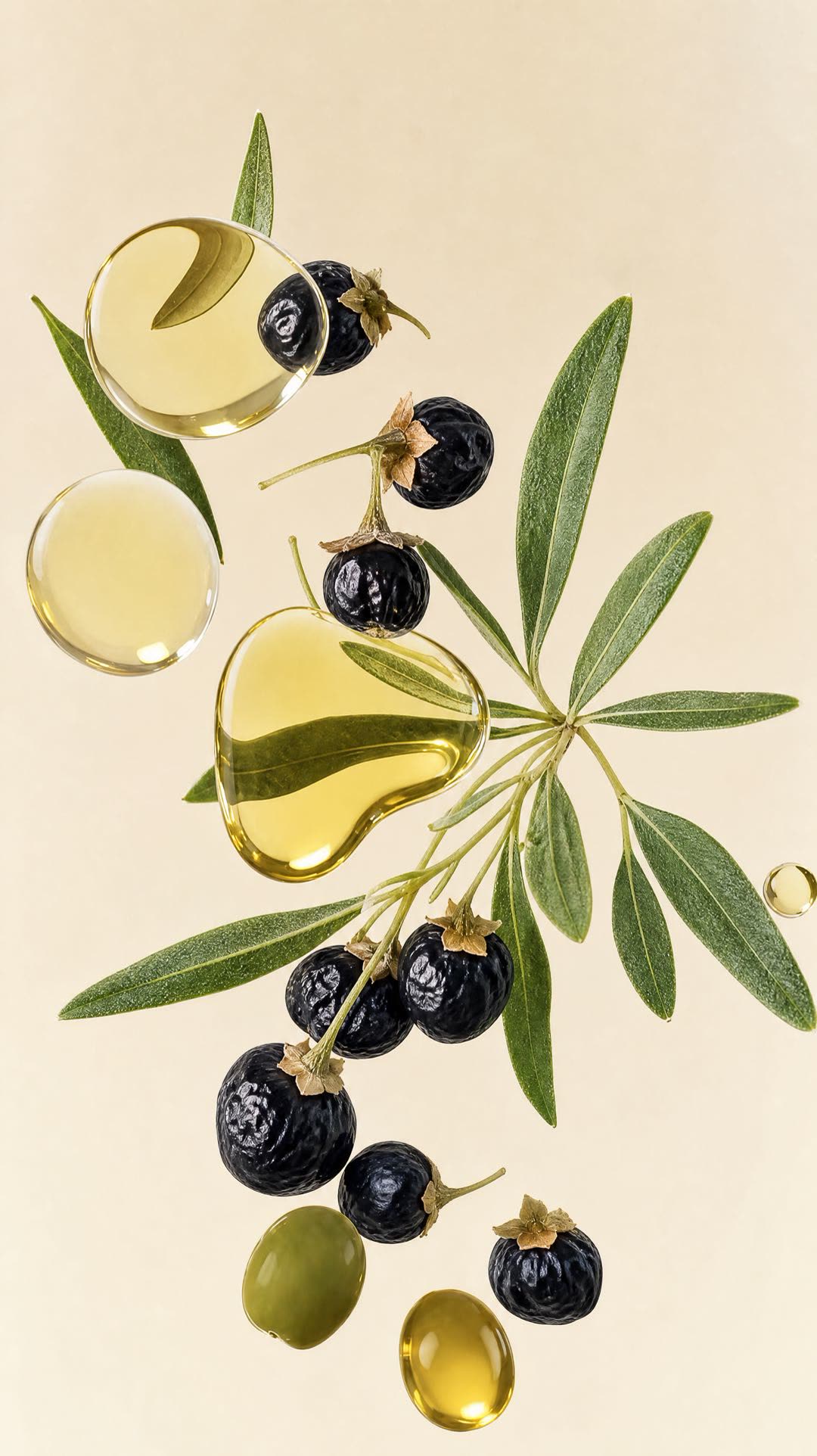 Black goji branch with golden oil droplets — ingredient concept artwork