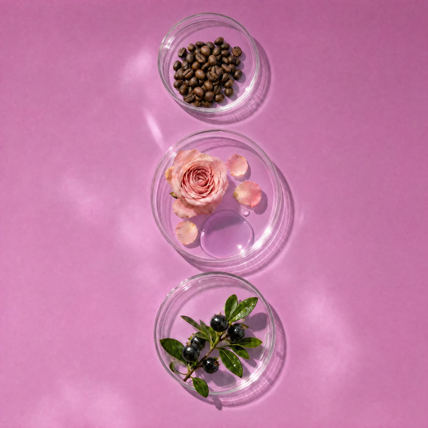 Rose, berries and coffee beans arranged in glass dishes — ingredient concept artwork